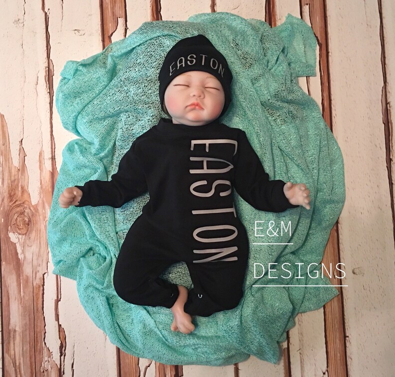 Baby Boy Coming Home Outfit, Newborn 0/3 Boy Romper, Monogrammed Baby Sleeper Set, Boy Monogram Set, Long Sleeve Sleep Set image 1