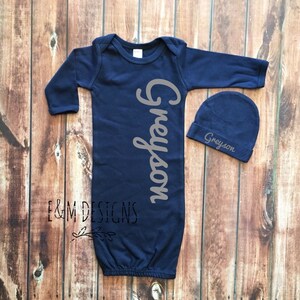 Baby Boy Coming Home Outfit, Newborn Boy, Monogrammed Gown and Hat Set, Monogram Baby Boy, Newborn Boy Outfit, Monogram Navy Gown image 1