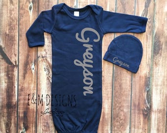 Baby Boy Coming Home Outfit, Newborn Boy, Monogrammed Gown and Hat Set, Monogram Baby Boy, Newborn Boy Outfit, Monogram Navy Gown