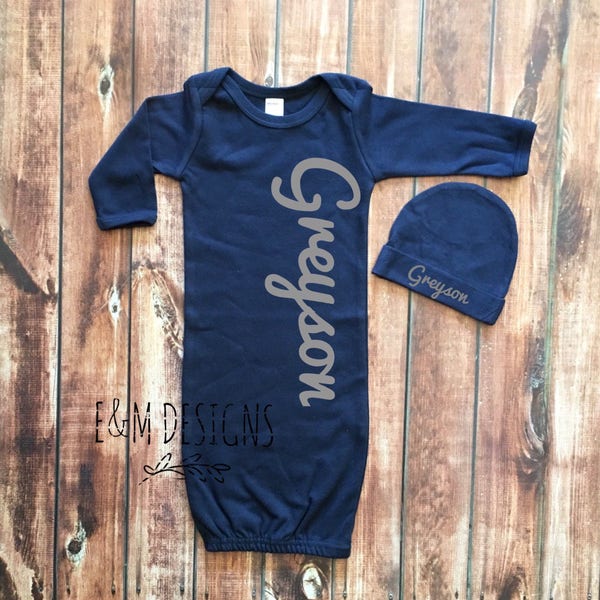 Baby Boy Coming Home Outfit, Newborn Boy, Monogrammed Gown and Hat Set, Monogram Baby Boy, Newborn Boy Outfit, Monogram Navy Gown