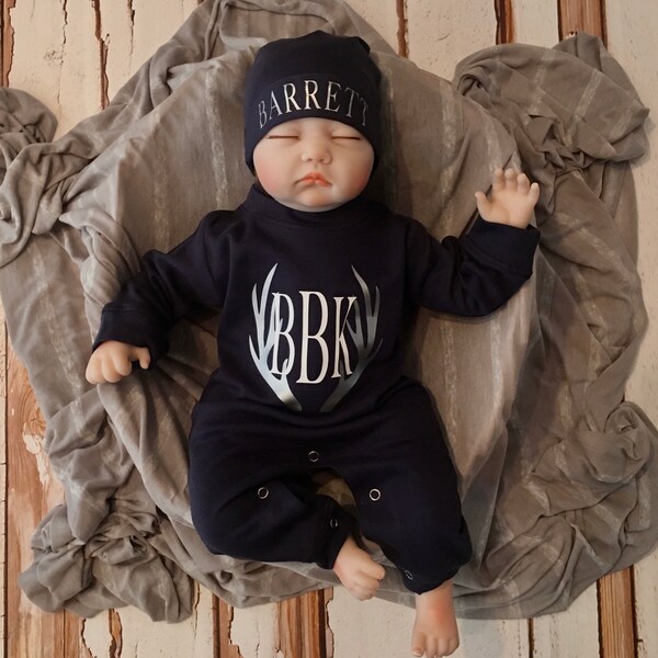 Baby Boy Coming Home Outfit, Newborn 0/3 Boy Romper, Monogrammed Baby Sleeper Set, Boy Monogram Set, Newborn Layette Set