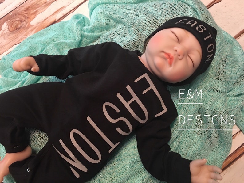 Baby Boy Coming Home Outfit, Newborn 0/3 Boy Romper, Monogrammed Baby Sleeper Set, Boy Monogram Set, Long Sleeve Sleep Set image 4