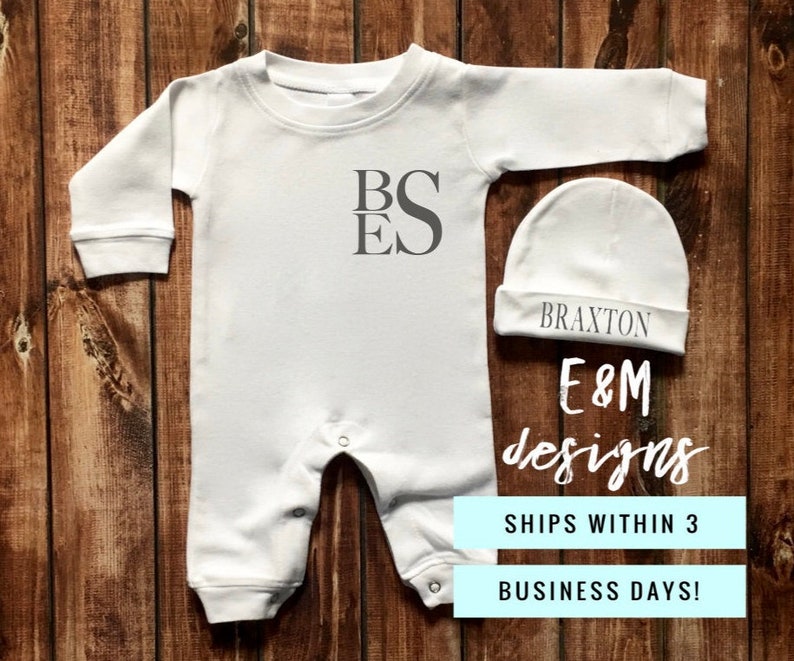 Baby Boy Gray and White Sleeper Set Newborn Monogrammed Romper Boy Take Home Set Baby Boys Coming Home Outfit Newborn Layette Set