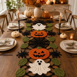 May include: A long, decorative crochet table runner featuring a black spiderweb pattern interspersed with orange jack-o'-lanterns, white ghosts, and green leaves. The runner is centred on a wooden dining table with place settings and candles.