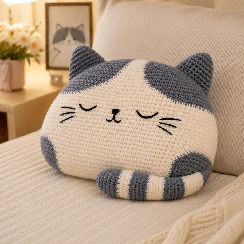 May include: A crochet cat-shaped pillow featuring a cream-colored face and body with dark gray ears, patches, and a striped tail. The cat has embroidered closed eyes, a small nose, and whiskers, creating a soft, plush, and rounded appearance.