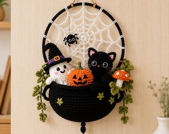 Halloween Crochet Pattern PDF, Ghost Cat Pumpkin Wall Hanging, Spider Web Hoop Decor Pattern