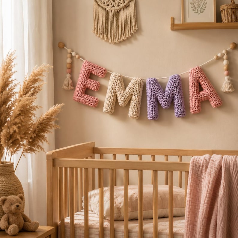May include: A decorative wall garland featuring individual crocheted letters spelling the name EMMA in shades of pink, cream, and purple. The letters are strung on a white cord accented with wooden beads and small tassels at each end.