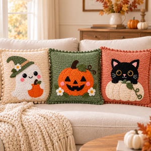 Puede incluir: Tres cojines cuadrados de ganchillo con motivos de Halloween. El cojín crema muestra un fantasma con sombrero verde y calabaza. El cojín verde muestra una calabaza de Halloween con flores. El cojín naranja presenta un gato negro en una calabaza.