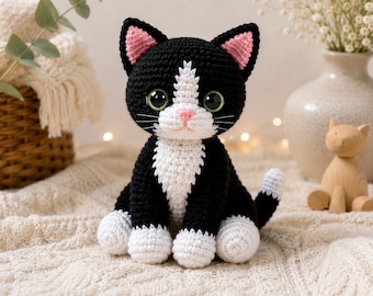 Crochet Tuxedo Cat Pattern PDF, Amigurumi Cat Pattern, Black White Kitten Plush Tutorial, Crochet Animal Pattern, DIY Gift Idea
