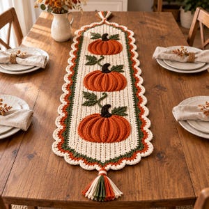 May include: A rectangular crochet table runner featuring three orange pumpkins with dark brown stems and green leaves. The runner has a cream-colored center, a scalloped border in dark green and orange, and a decorative tassel at each end.