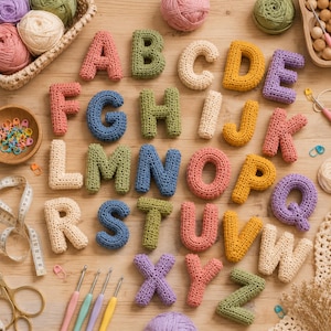 May include: A collection of twenty-six individual crochet letters of the alphabet in various colors, arranged on a wooden surface. The set includes yarn balls in a basket, a bowl of stitch markers, a measuring tape, scissors, and crochet hooks.