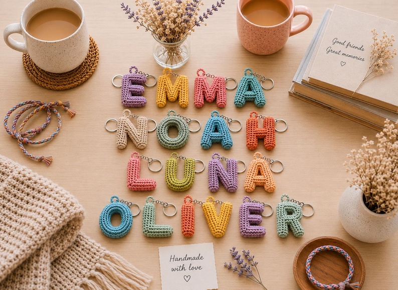 May include: A collection of colorful, crocheted letter keychains arranged to spell the names EMMA, NOAH, LUNA, and OLIVER. Each letter is crafted from yarn in various pastel and bright shades, featuring a metal keyring attached to the top.