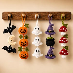 Halloween Garland Crochet Patterns Bundle, Bat & Moon, Pumpkin Trio, Ghost Trio, Witch Hat Cauldron Mushroom Stack PDF