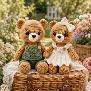 May include: Two crocheted teddy bears with light brown yarn, black eyes, and pink cheeks. One bear wears green overalls with wooden buttons, and the other wears a white dress with a matching white bow on its head, both sitting together.