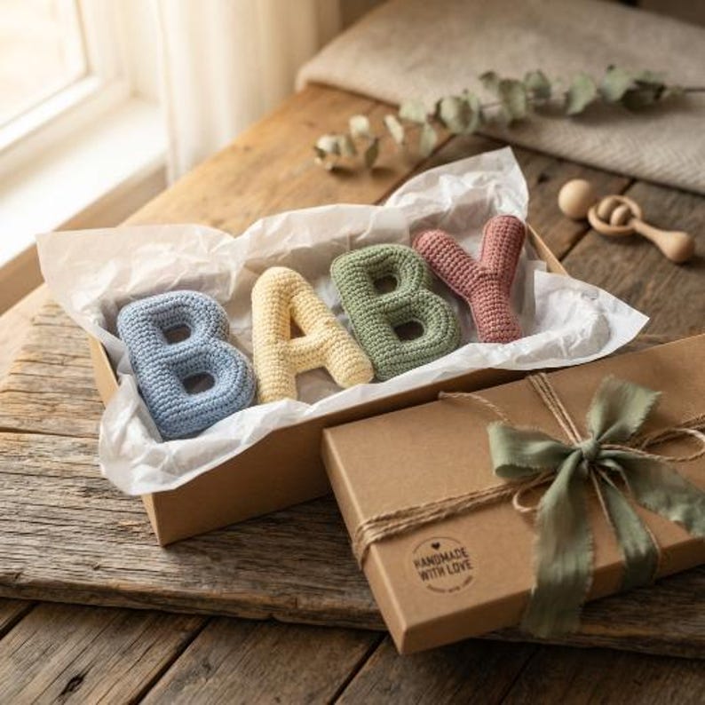 May include: A set of four crocheted letters spelling the word BABY in light blue, pale yellow, sage green, and dusty rose, nestled in a cardboard gift box lined with white tissue paper, with a sage green ribbon and a Handmade With Love sticker.