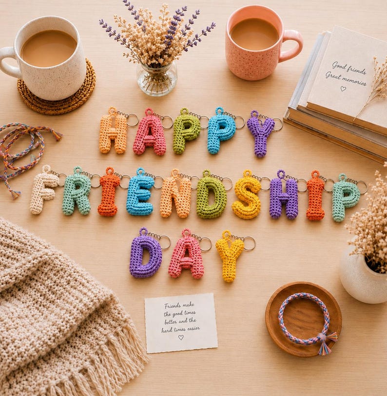May include: A collection of colorful, crocheted letter keychains spelling out HAPPY FRIENDSHIP DAY. Each individual letter is crafted from yarn in various bright hues, including orange, pink, green, blue, yellow, and cream, and features a metal ring.