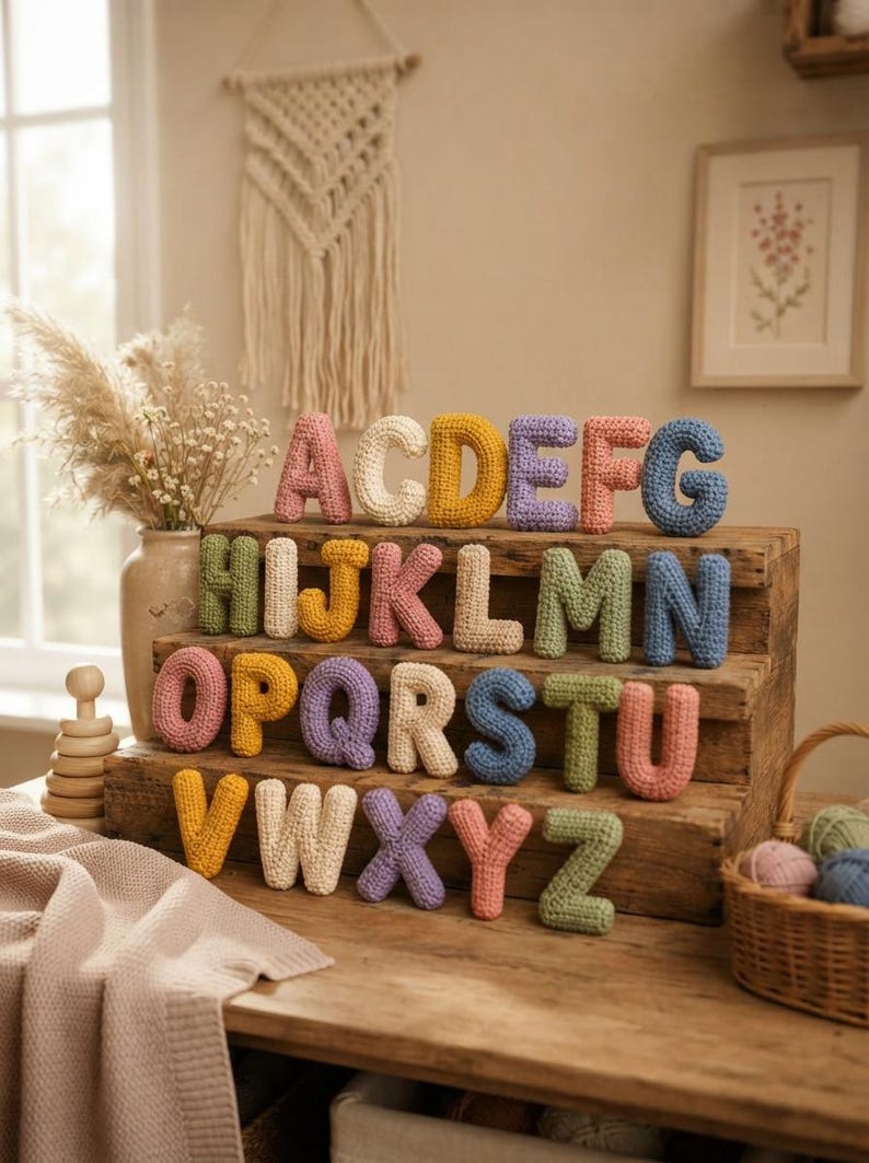 May include: A complete set of twenty-six individual crochet letters from A to Z, crafted in various pastel and vibrant yarn colors. Each letter is three-dimensional and soft-textured, arranged in rows on a tiered wooden display stand for visibility.