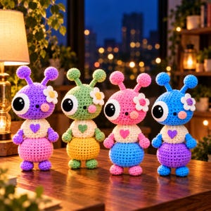May include: Four crocheted alien-like dolls standing in a row. Each doll features large black eyes, two antennae with round tips, a small white flower on the side of the head, and a heart-shaped patch on the chest. The dolls are purple, green, pink, and blue.