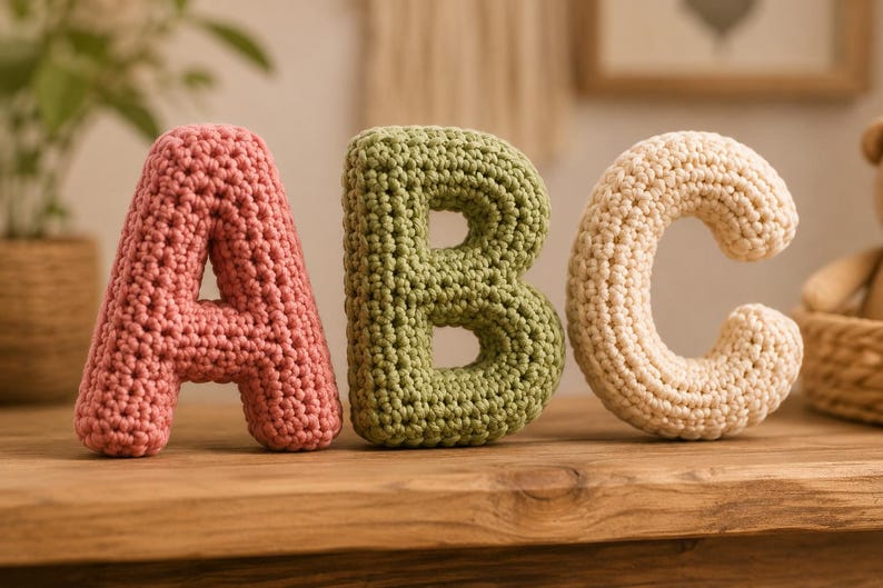 May include: Three plush, stuffed letters A, B, and C crafted from yarn using a crochet technique. The letter A is dusty rose, the letter B is sage green, and the letter C is cream. Each letter has a thick, rounded, and textured surface.