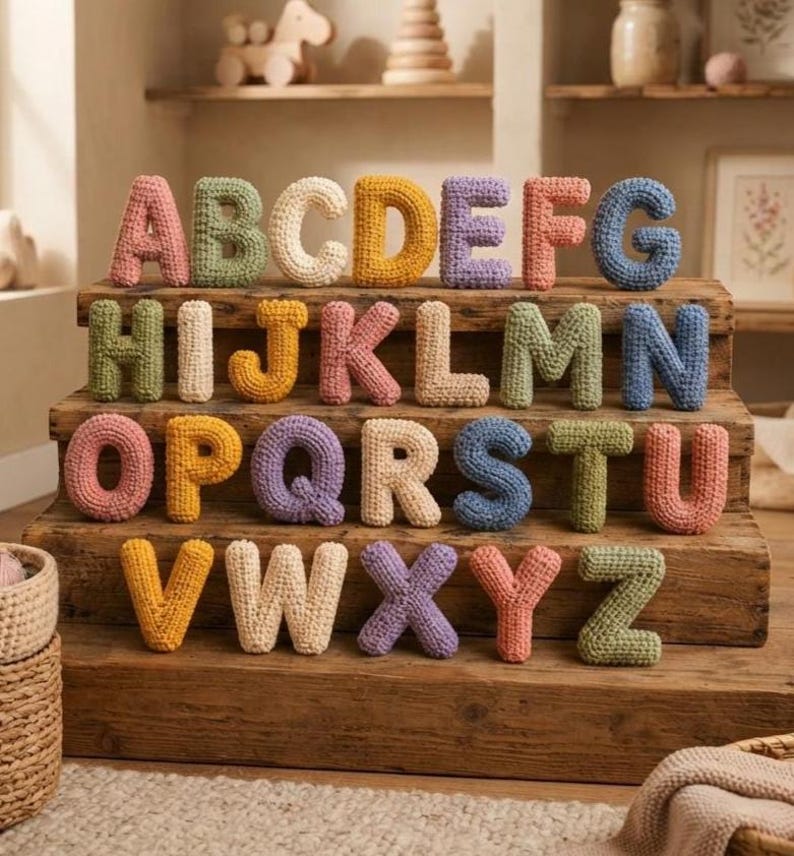 May include: A complete set of twenty-six individual letters of the alphabet, each crafted from crocheted yarn in various pastel and muted colors. The soft, stuffed letters are arranged in four rows on a tiered wooden display stand, showcasing A through Z.