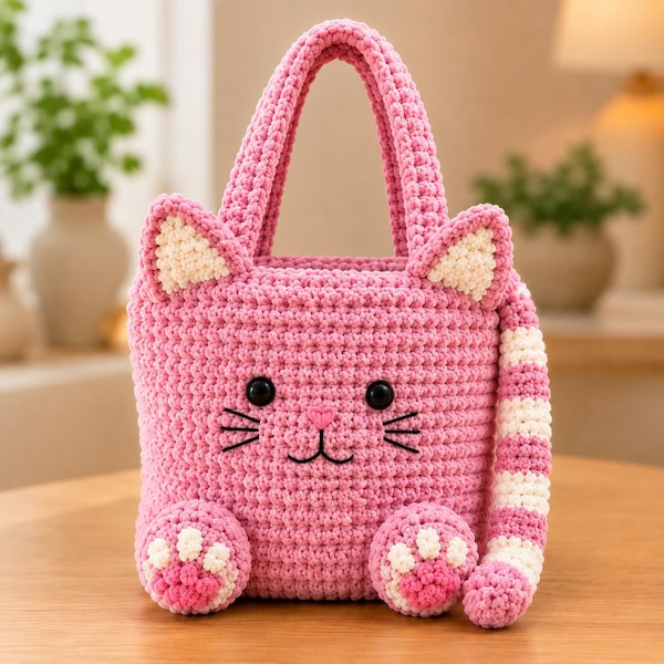 Patrón de bolso de mano a crochet en PDF / Bolso de mano de chenilla con diseño de gato adorable, patrón de bolso a crochet simple / Nivel principiante avanzado a intermedio / Tamaño final: 28-30 cm