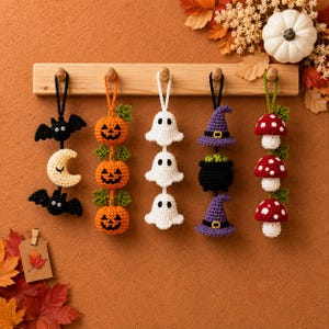 Halloween Crochet Garland Patterns Bundle, Bat & Moon, Pumpkin Trio, Ghost Trio, Witch Hat Cauldron Mushroom Stack PDF
