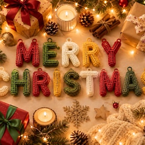 May include: A set of individual crochet letters spelling out Merry Christmas, arranged in two rows. The letters are crafted in red, green, white, and yellow yarn. Each letter features a small loop at the top for hanging, surrounded by holiday decor.