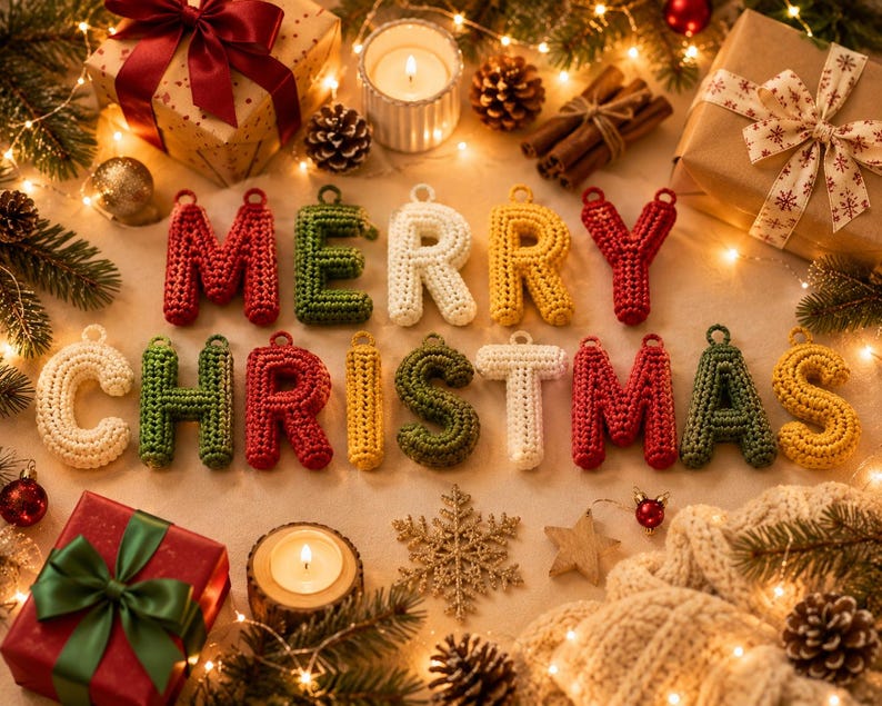May include: A set of individual crochet letters spelling out Merry Christmas, arranged in two rows. The letters are crafted in red, green, white, and yellow yarn. Each letter features a small loop at the top for hanging, surrounded by holiday decor.