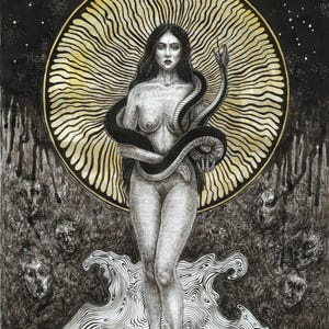 May include: A black and white ink illustration featuring a central figure with long hair holding a dark snake. Behind the figure is a large gold circular halo. The background depicts a starry night sky above a sea of faces and wavy water patterns.