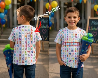 T-Shirt Schulkind,  Schulanfänger, Geschenk für den Schulbeginn und Einschulung, Buchstaben mit Kreuzworträtsel