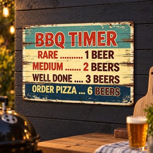 May include: A rectangular metal sign with a distressed finish featuring the text BBQ TIMER and a list of cooking times measured in beers: RARE 1 BEER, MEDIUM 2 BEERS, WELL DONE 3 BEERS, and ORDER PIZZA 6 BEERS. The sign has a teal, cream, and blue color scheme.