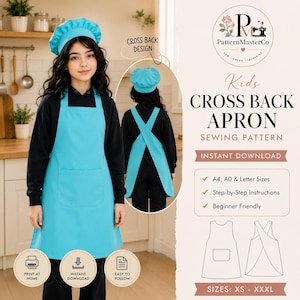 Puede incluir: Un patrón de costura digital para un delantal infantil con espalda cruzada y gorro de chef a juego. Incluye instrucciones para tallas de XS a XXXL en formatos A4, A0 y carta. El delantal de color turquesa cuenta con un bolsillo frontal.