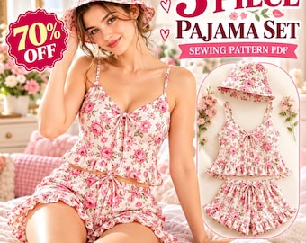 Puede incluir: Un patrón de costura en PDF para un conjunto de pijama de tres piezas que incluye un sombrero de pescador con estampado floral, una camiseta de tirantes con dobladillo con volantes y pantalones cortos a juego con volantes.