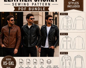 Puede incluir: Un paquete de patrones de costura en PDF para tres estilos de chaquetas de cuero. La imagen muestra a tres personas con diferentes diseños de chaquetas en marrón y negro, junto con dibujos técnicos y tallas XS-5XL.