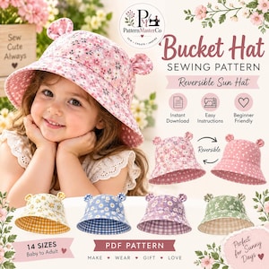 Puede incluir: Un patrón de costura digital para un sombrero de pescador reversible con orejas de oso. La imagen muestra a un niño con un sombrero de flores rosas, junto a varias opciones de color con estampados florales y forros de cuadros.