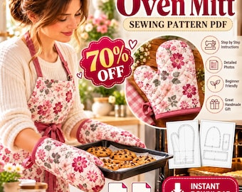 Puede incluir: Un patrón de costura en PDF para una manopla de horno con estampado floral en tonos rosa y gris. El archivo digital incluye instrucciones paso a paso, fotos detalladas y plantillas A0 y A4 para descarga instantánea.