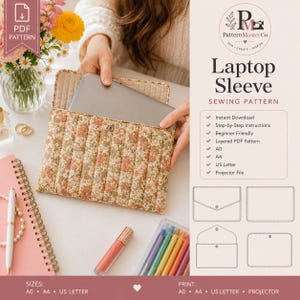Könnte beinhalten: Eine gesteppte Laptoptasche mit Blumenmuster in Orange-, Grün- und Cremetönen. Die Tasche verfügt über vertikale Steppnähte und einen einzelnen Knopfverschluss. Der Text lautet Laptop Sleeve SEWING PATTERN und mehr.