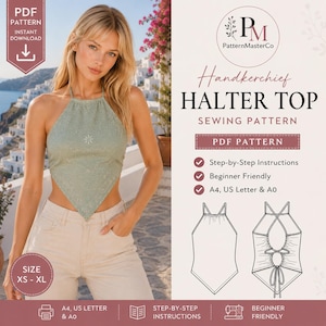 Handkerchief Halter Top Sewing Pattern | Bandana Crop Top PDF (Instant Download)