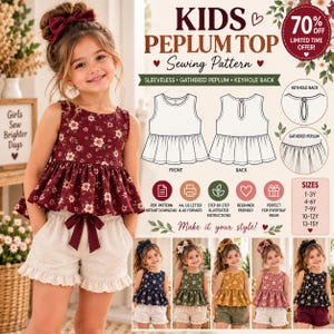 May include: A sewing pattern for a sleeveless kids peplum top with a keyhole back and gathered peplum. The design features a floral print top with a bow at the waist and ruffled shorts. Includes instructions for sizes 1-3Y through 13-15Y.