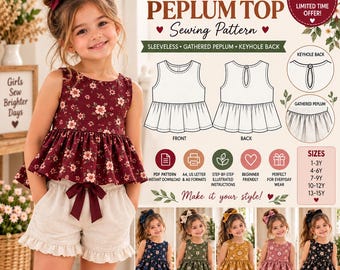 Puede incluir: Un patrón de costura para un top peplum sin mangas para niños con espalda de cerradura y peplum fruncido. El diseño presenta un top con estampado floral con un lazo en la cintura y pantalones cortos con volantes. Incluye tallas de 1-3A a 13-15A.