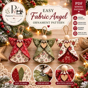 Pode incluir: Um molde de costura digital em PDF para anjos de tecido com três exemplos acabados, cabeças de contas de madeira e corações. O texto diz Easy Fabric Angel Ornament Pattern, Instant Download, Step-by-Step Instructions.