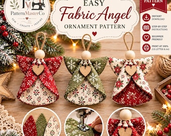 Puede incluir: Un patrón de costura digital en PDF para adornos de ángeles de tela con tres ejemplos terminados, cabezas de cuentas de madera y corazones. El texto dice Easy Fabric Angel Ornament Pattern, Instant Download, Step-by-Step Instructions.