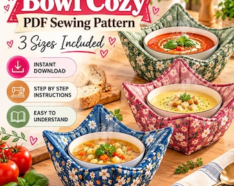 Puede incluir: Un patrón de costura en PDF para un protector de cuencos con tres soportes de tela en verde, rosa y azul, cada uno con un estampado de margaritas blancas. El texto dice Bowl Cozy PDF Sewing Pattern, 3 Sizes Included, Instant Download, Step by Step Instructions, Easy to Understand.