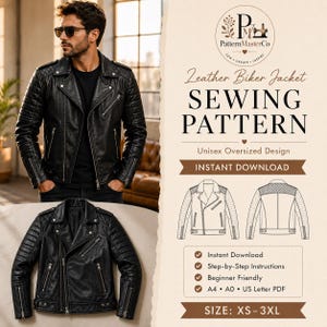 May include: A black leather biker jacket sewing pattern featuring an oversized design. The document includes text: PatternMasterCo, Leather Biker Jacket SEWING PATTERN, Unisex Oversized Design, INSTANT DOWNLOAD, Step-by-Step Instructions, Beginner Friendly, A4, A0, US Letter PDF, SIZE: XS-3XL.