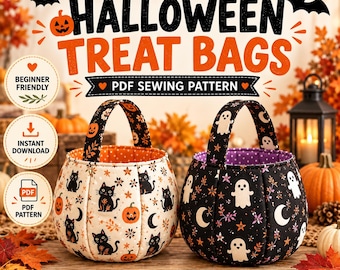 Puede incluir: Un patrón de costura en PDF para bolsas de dulces de Halloween de Stitch & Spook Studio. La imagen muestra dos bolsas de tela: una crema con gatos negros y calabazas, y una negra con fantasmas, lunas y estrellas blancas. Texto: PDF SEWING PATTERN.