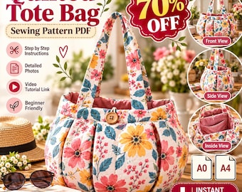 Puede incluir: Un patrón de costura en PDF para un bolso tote acolchado con estampado floral de flores rosas, amarillas y azules sobre fondo blanco. El bolso tiene una forma redondeada y plisada, dos asas de tela y un cierre de botón de madera.