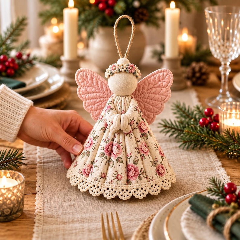 Pu&ograve; includere: Un angelo decorativo in tessuto con un abito color crema a motivo di rose rosa, un orlo in pizzo smerlato e ali rosa trapuntate. La figura presenta una testa rotonda ornata da una piccola corona floreale e un occhiello in corda di iuta.