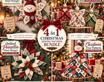 May include: A 4-in-1 Christmas sewing pattern bundle featuring a quilted snowman door hanger, angel ornaments, a quilted poinsettia door hanger, and a Christmas tree pattern. The collection includes PDF sewing instructions for festive decor.