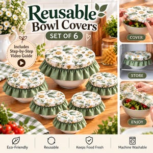 Pode incluir: Um conjunto de seis coberturas reutilizáveis para tigelas em tecido branco com padrão floral de flores amarelas e brancas e folhas verdes, com uma borda franzida em verde sálvia. O conjunto inclui um guia de vídeo passo a passo.