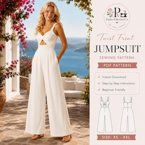 May include: A white jumpsuit sewing pattern featuring a twist front bodice with a cutout, wide-leg trousers, and thin straps. The digital file includes step-by-step instructions for sizes XS to XXL, showcasing front and back technical line drawings.